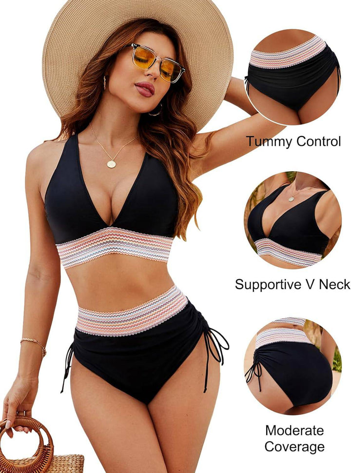 High-Waisted Tummy Control Color Block Bikini Set - SkinzLine