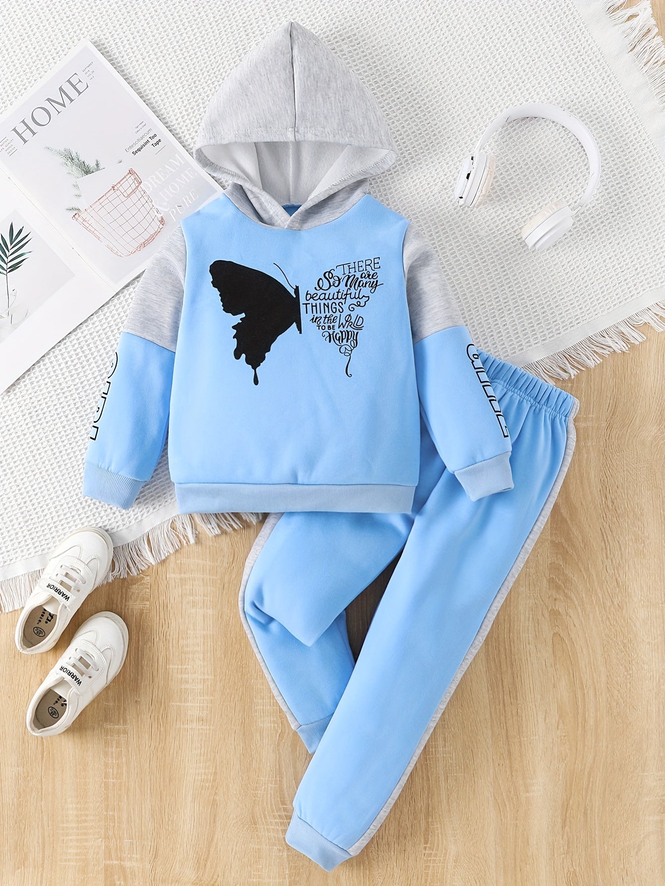 2-delige meisjes fleece sweater met capuchon en broek met vlinderprint -  Angel