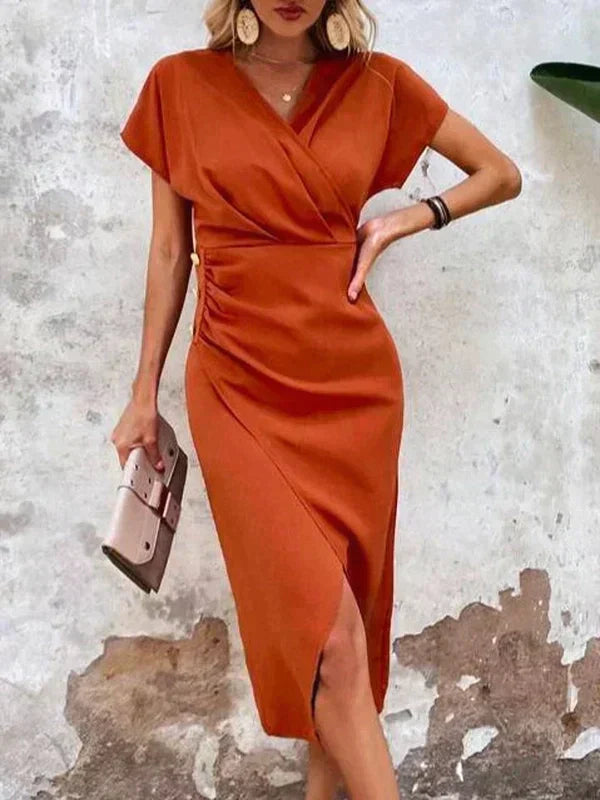 Hazel - Elegante Oranje V-hals midi-jurk