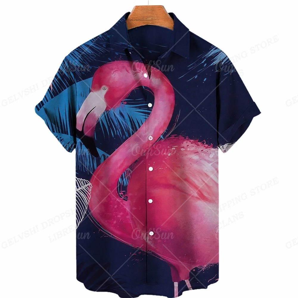 Nico - 3D flamingo bedrukt Hawai overhemd