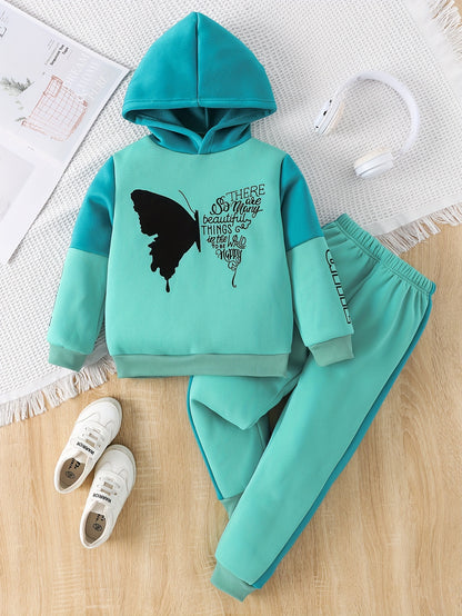 2-delige meisjes fleece sweater met capuchon en broek met vlinderprint -  Angel