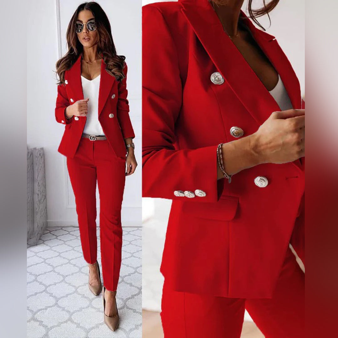 Rood 2-delig damespak met blazer en pantalon