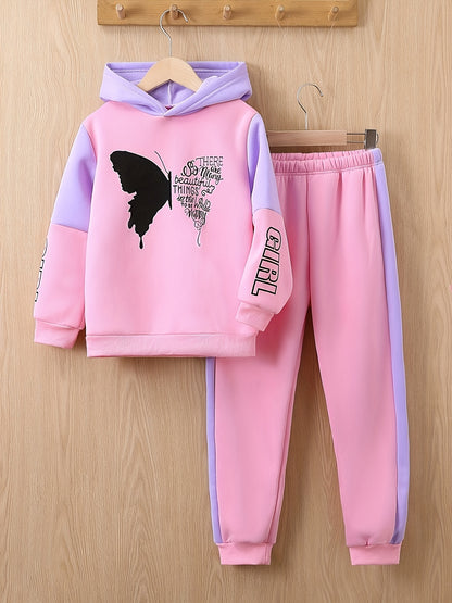 2-delige meisjes fleece sweater met capuchon en broek met vlinderprint -  Angel