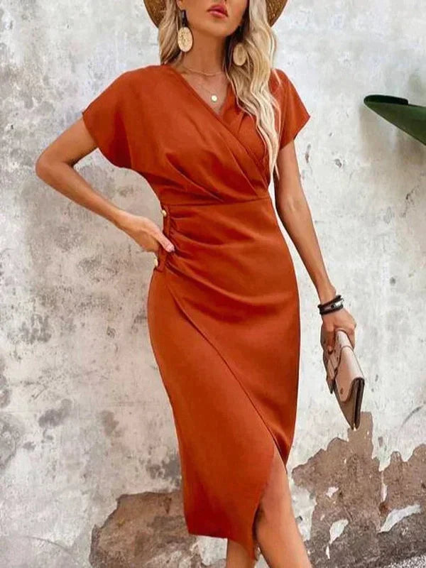 Hazel - Elegante Oranje V-hals midi-jurk