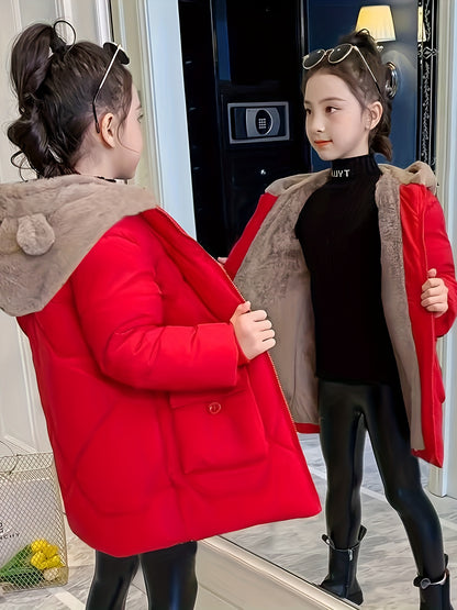 Meisjes winter schattige polyester parka met kap en ritsdetail - Denice