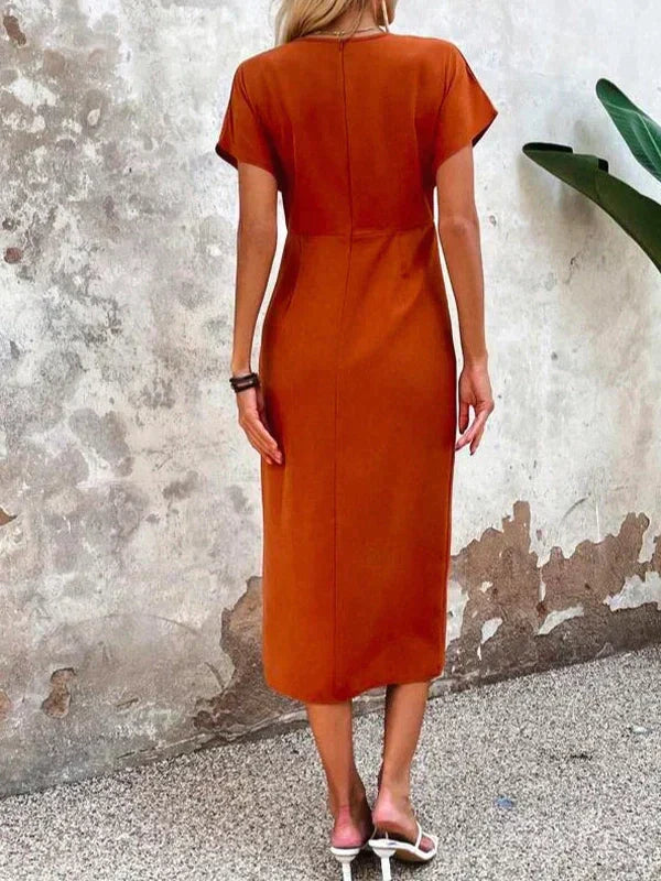 Hazel - Elegante Oranje V-hals midi-jurk