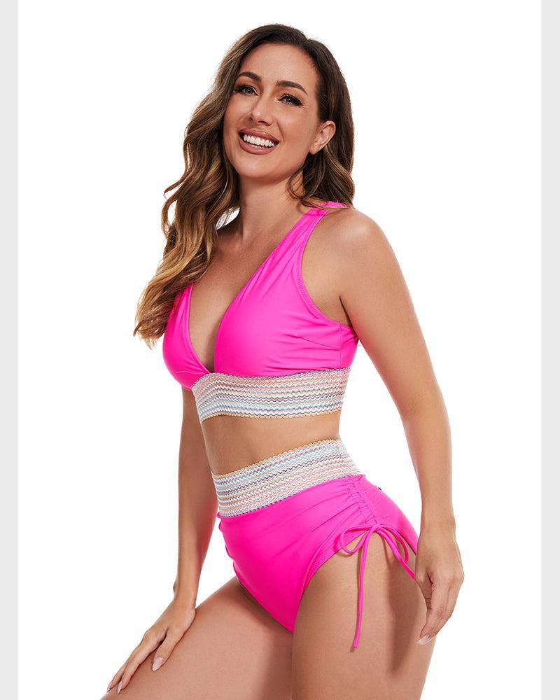 High-Waisted Tummy Control Color Block Bikini Set - SkinzLine