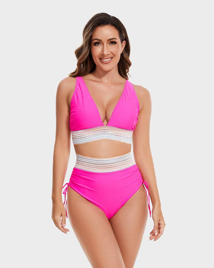 High-Waisted Tummy Control Color Block Bikini Set - SkinzLine