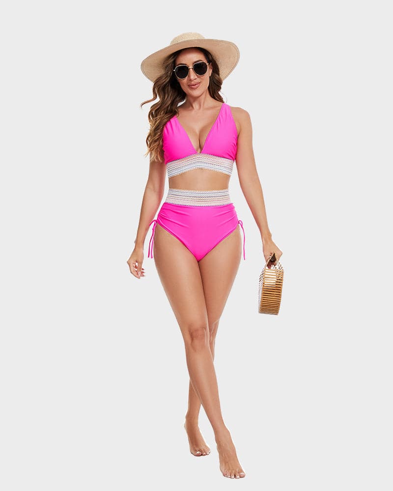 High-Waisted Tummy Control Color Block Bikini Set - SkinzLine