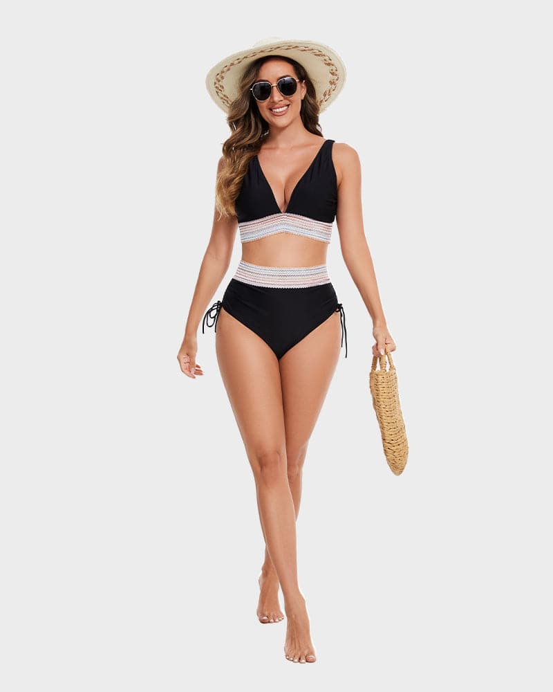 High-Waisted Tummy Control Color Block Bikini Set - SkinzLine