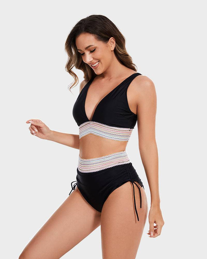 High-Waisted Tummy Control Color Block Bikini Set - SkinzLine