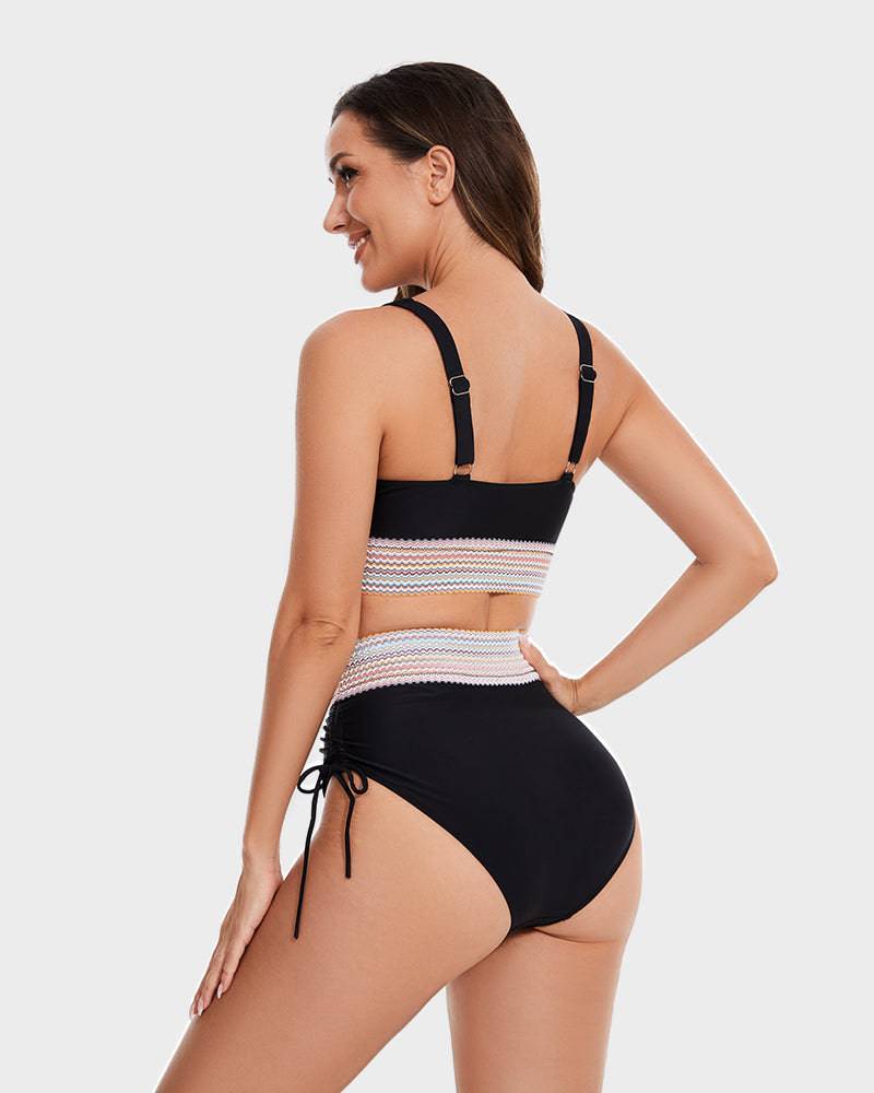 High-Waisted Tummy Control Color Block Bikini Set - SkinzLine