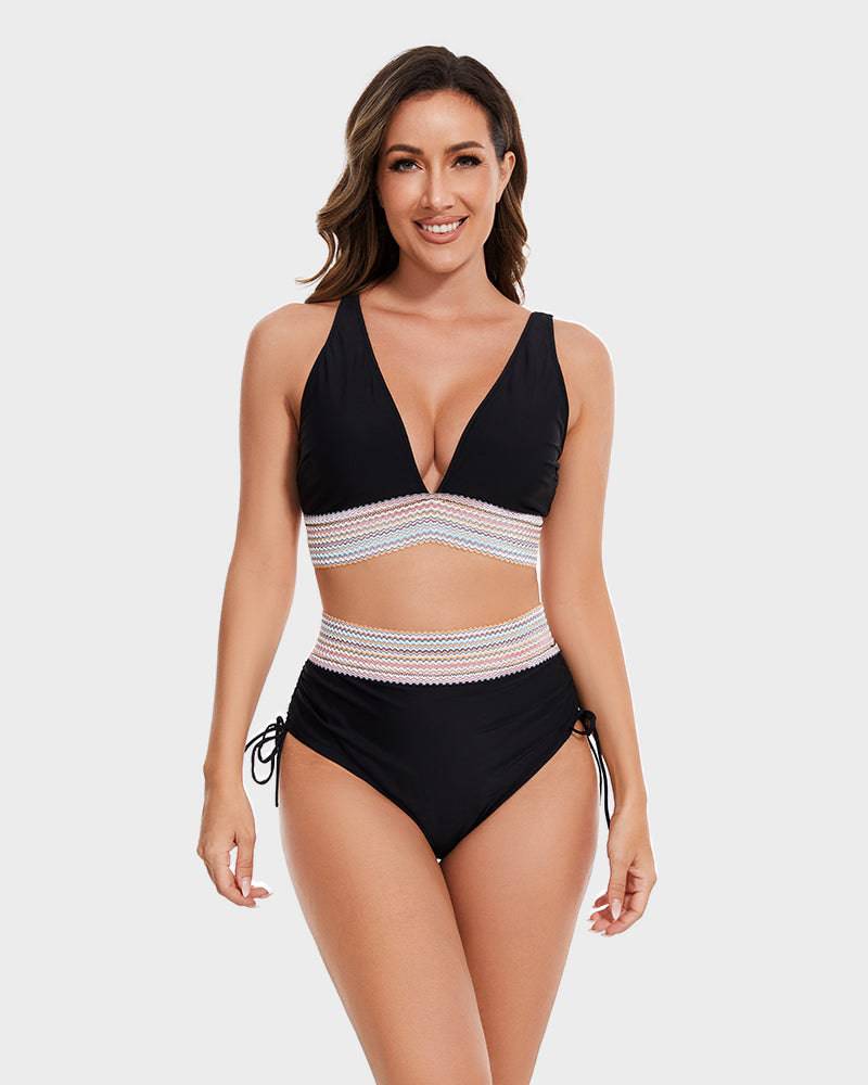 High-Waisted Tummy Control Color Block Bikini Set - SkinzLine