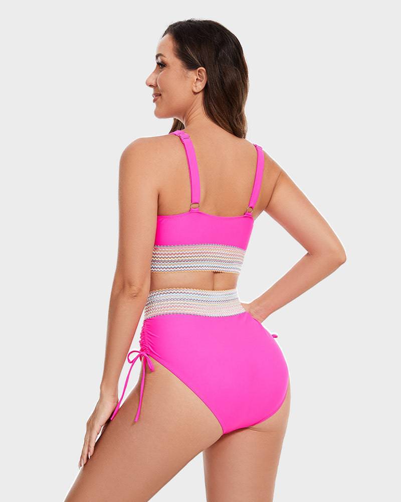 High-Waisted Tummy Control Color Block Bikini Set - SkinzLine